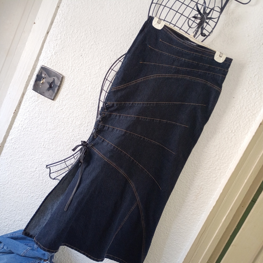 Vintage Y2K Long Denim Jeans Maxi Skirt Stretch 30 10 Boho Hippie Retro Flare